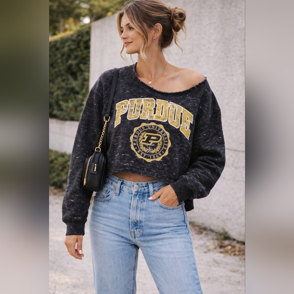 Purdue University Distressed Sweatshirt Black Speckled Graphic Sz L